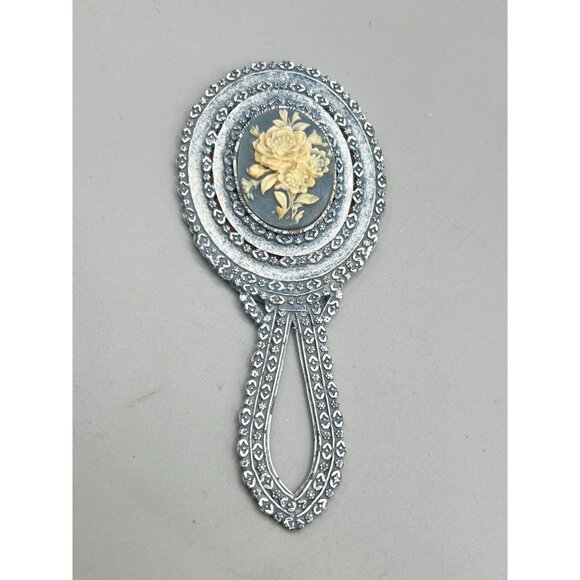 Vintage Florenza Small Hand Mirror Dusty Blue Enamel with Floral Resin Cameo - Picture 10 of 12